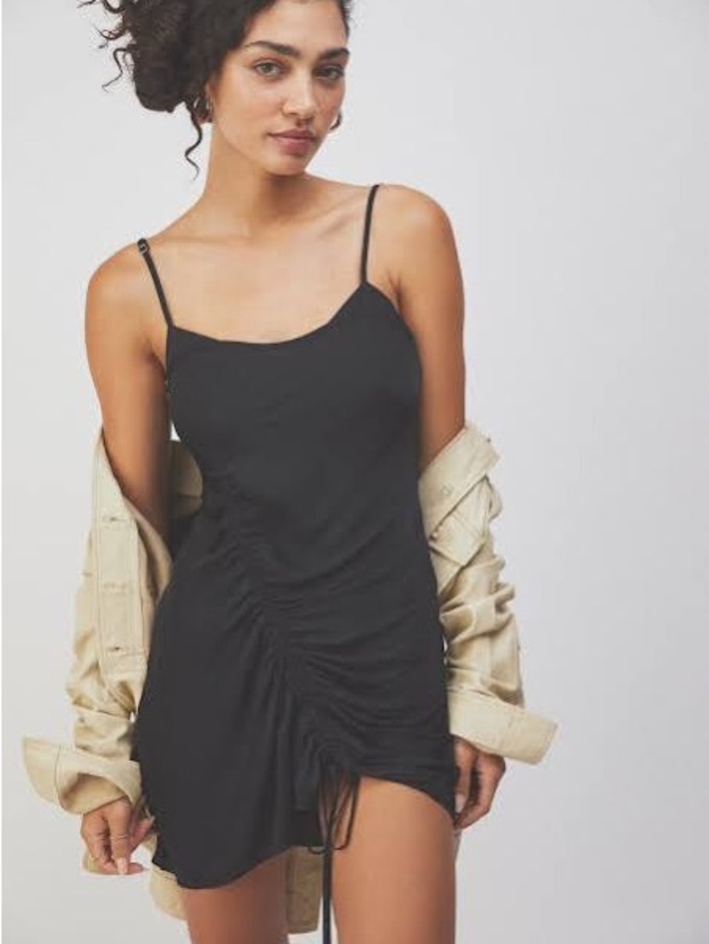 Free People Black Ruched Satin Mini Slip Dress
